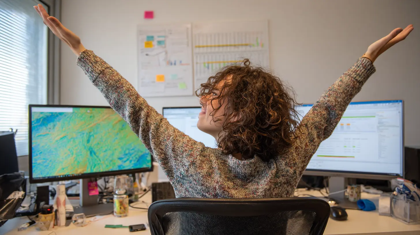 Persona con capelli ricci che alza le braccia in segno di soddisfazione alla scrivania, circondata da due monitor con dashboard e documentazione di progetto alla parete: il risultato di un onboarding finalmente funzionante