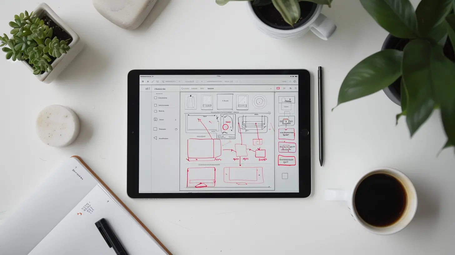 Tablet con wireframe annotati in rosso e flussi di navigazione disegnati a mano, notebook e caffè su scrivania bianca: il processo metodico dell'audit UX