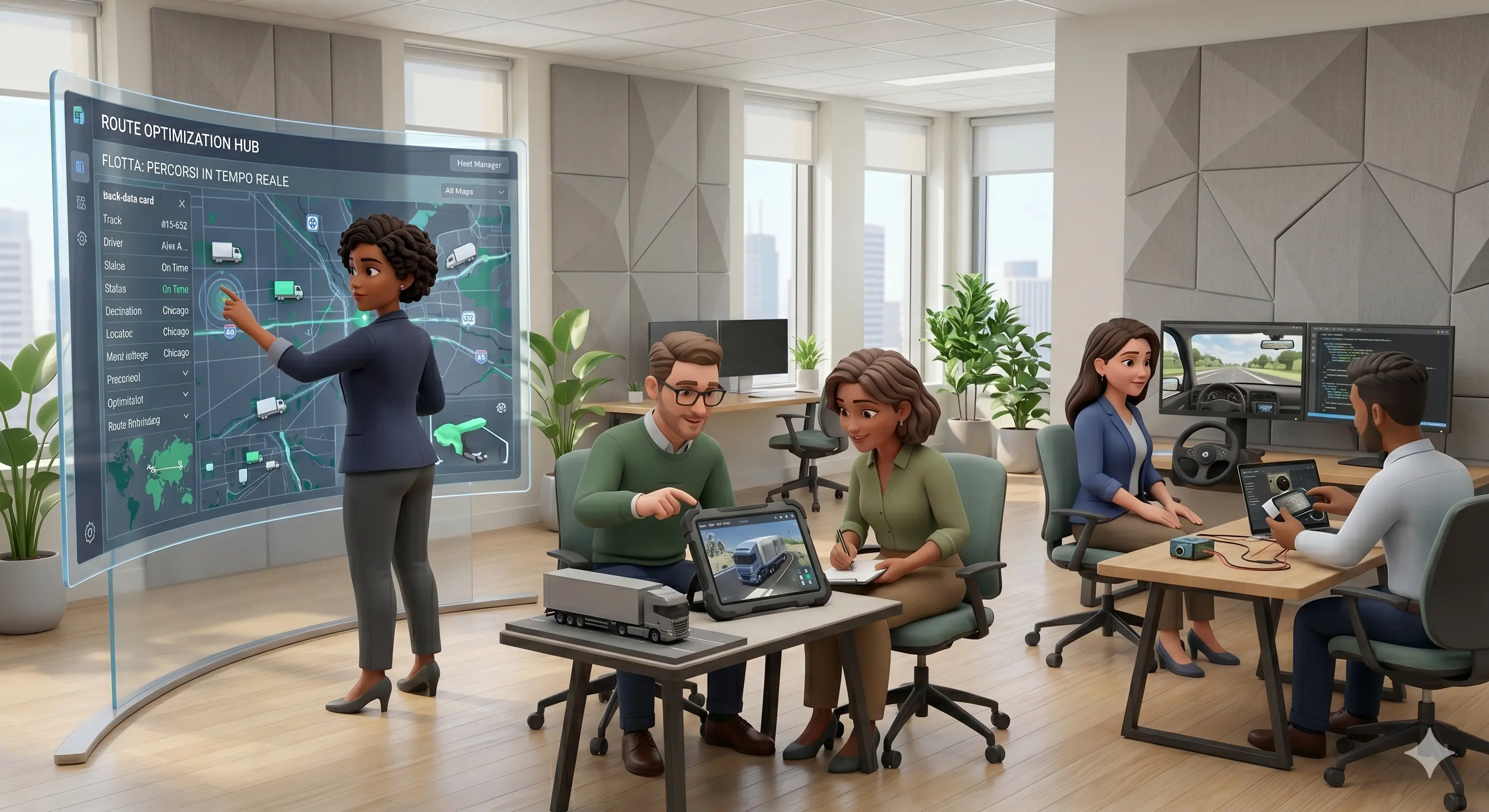 Un team di cinque professionisti lavora in un ufficio moderno. Una designer indica un pannello trasparente con la dashboard 'Route Optimization Hub' che mostra percorsi in tempo reale, una truck data card con dettagli veicolo e mappa interattiva. Sul tavolo è visibile un modellino di camion e un tablet con interfaccia di tracciamento.