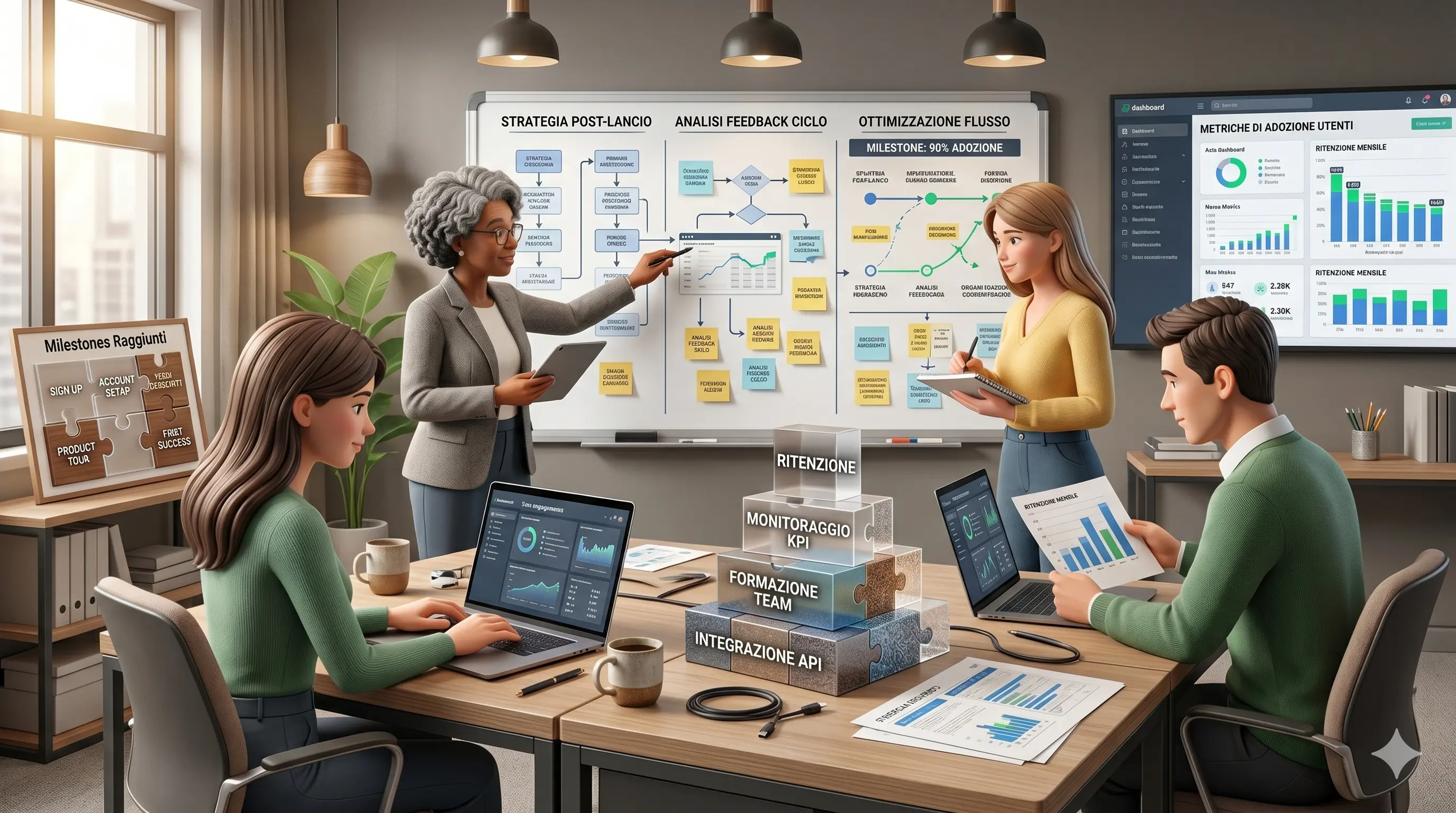 Un Fractional Design Lead senior presenta le fasi del flusso onboarding a un team di tre persone: puzzle fisici sul tavolo con le tappe (Sign Up, Account Setup, Team Invite, Product Tour, First Success) e dashboard di crescita utenti sullo schermo