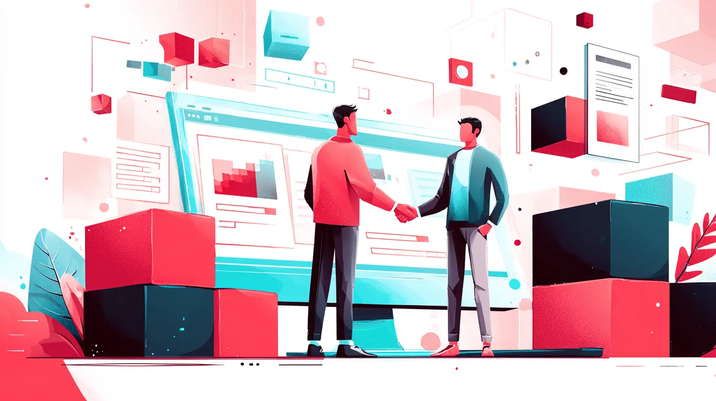Illustrazione di designer e developer che si stringono la mano davanti a un grande schermo con un'interfaccia prodotto ordinata e componenti strutturati: la collaborazione che nasce da un Design System condiviso